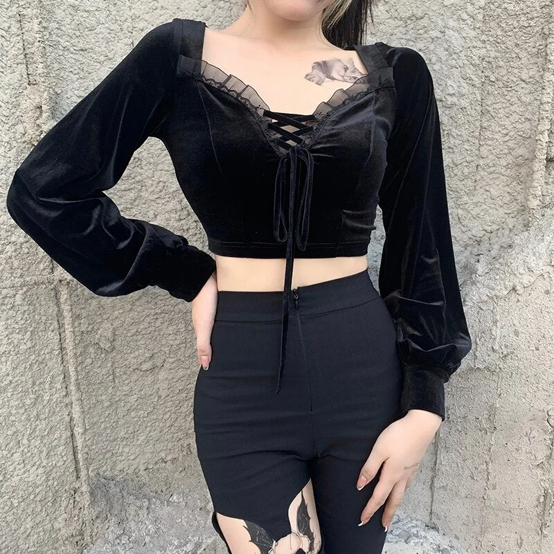 nsGoth Gothic Bandage Black Tops Goth Aesthetic Sexy Hollow Out T Shirt Vintage Velvet Lantern Sleeve Spring Autumn Basic Tops