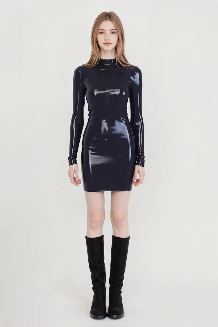 Women Latex Dress High-Neck Long-Sleeve Mini Dress