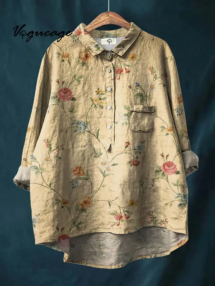 Simple And Elegant Lines Plants And Flowers Print Cotton And Linen Shirt