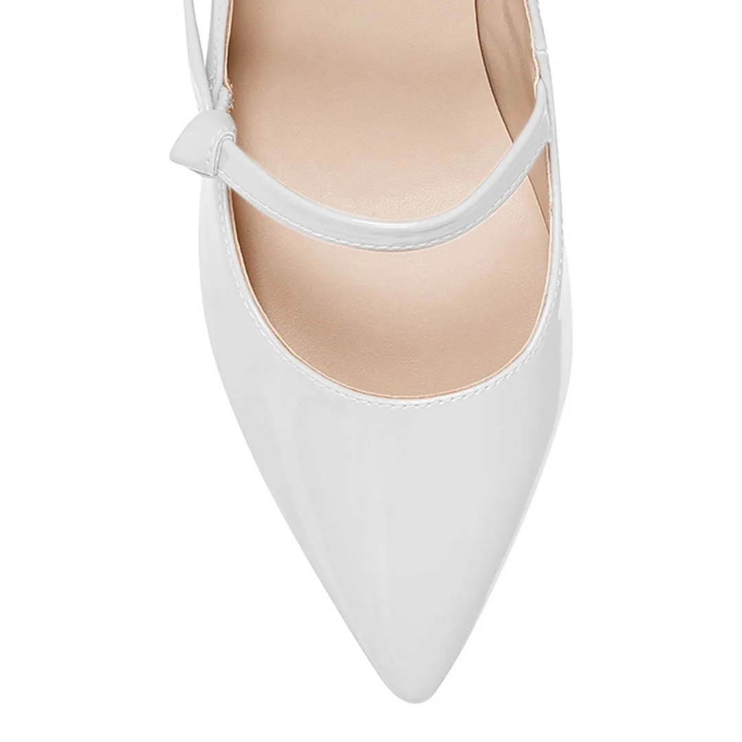 Patent Leather Pointed Toe Kitten Heeled Mary Janes in White