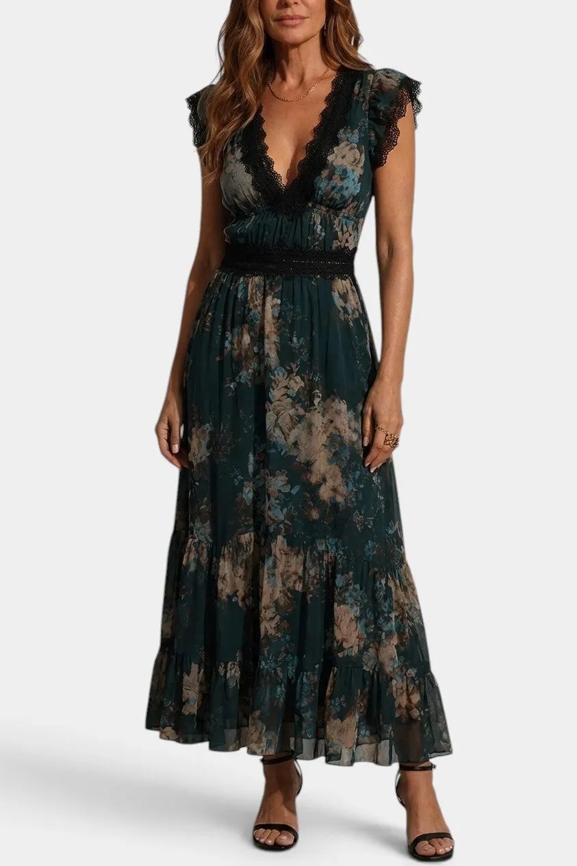Deep V-Neck Floral Maxi with Lace Trim