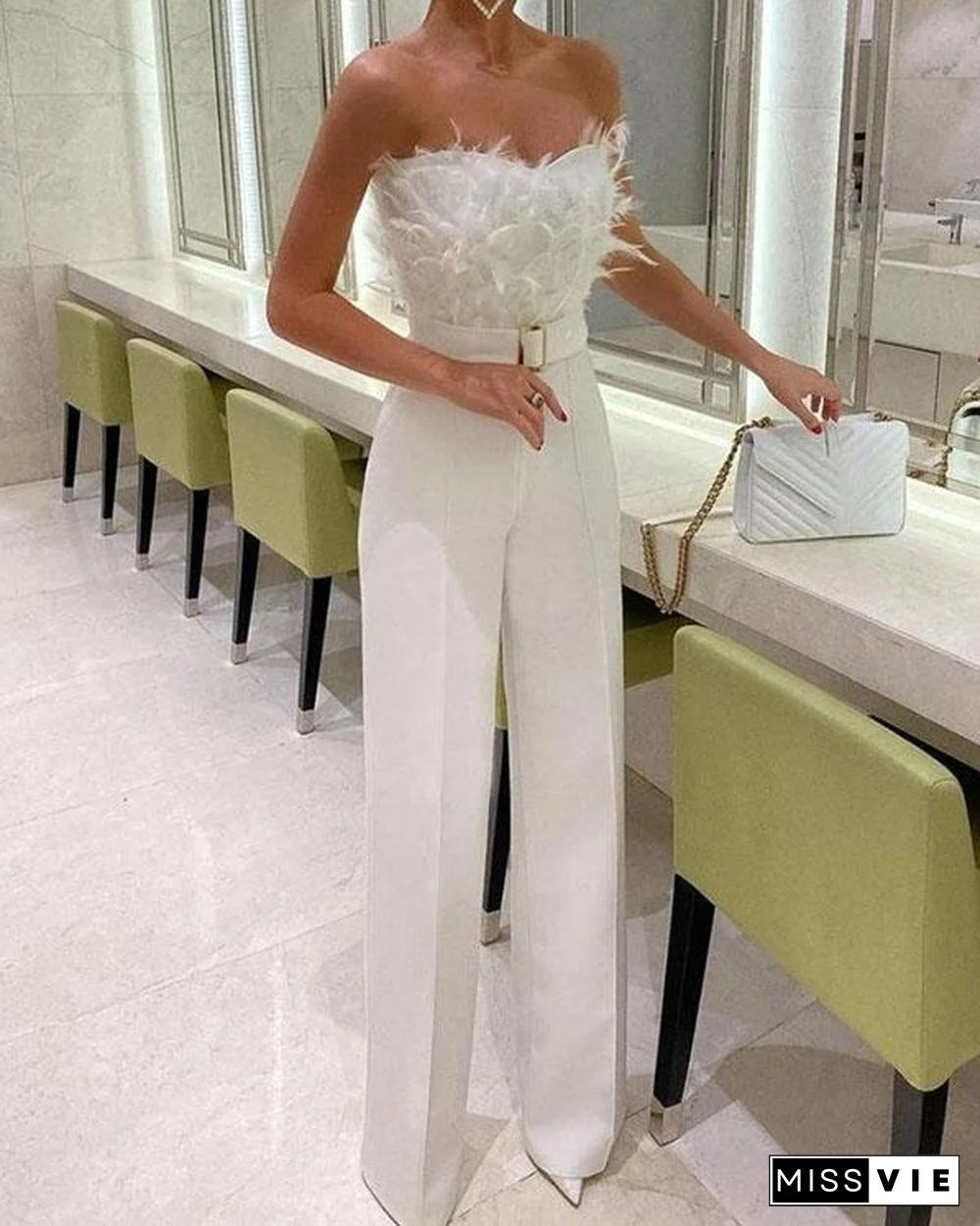 Women Formal Feather Decor Sleeveless Wide Leg Jumpsuit