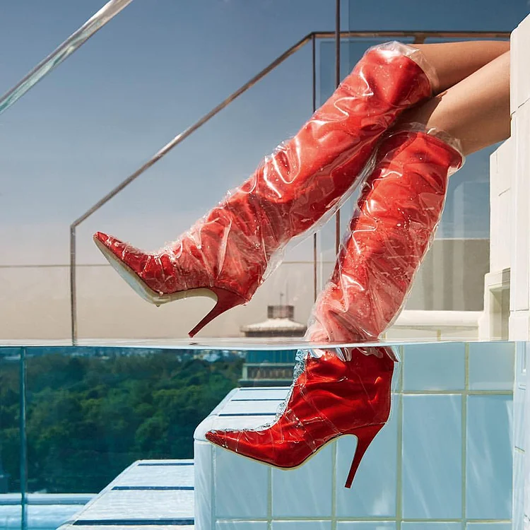 Red transparent PVC Wrapped Stiletto Boots Square Toe Knee-high Boots |FSJ Shoes