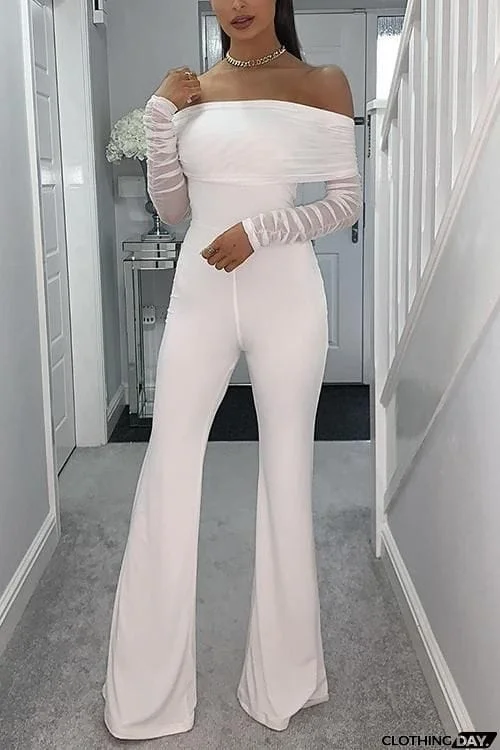 Off Shoulder Mesh Sleeve Flares Jumpsuit