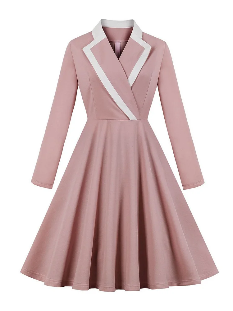 Mayoulove 1940s Dress Sweet Pink Cross Collar Long Sleeve Swing Dress-Mayoulove