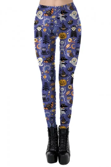 High Waisted Cartoon Print Happy Halloween Leggings Light Purple-elleschic