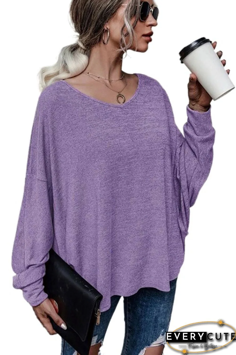 Purple Tie Plunging Back Dolman Sleeve Oversize Top