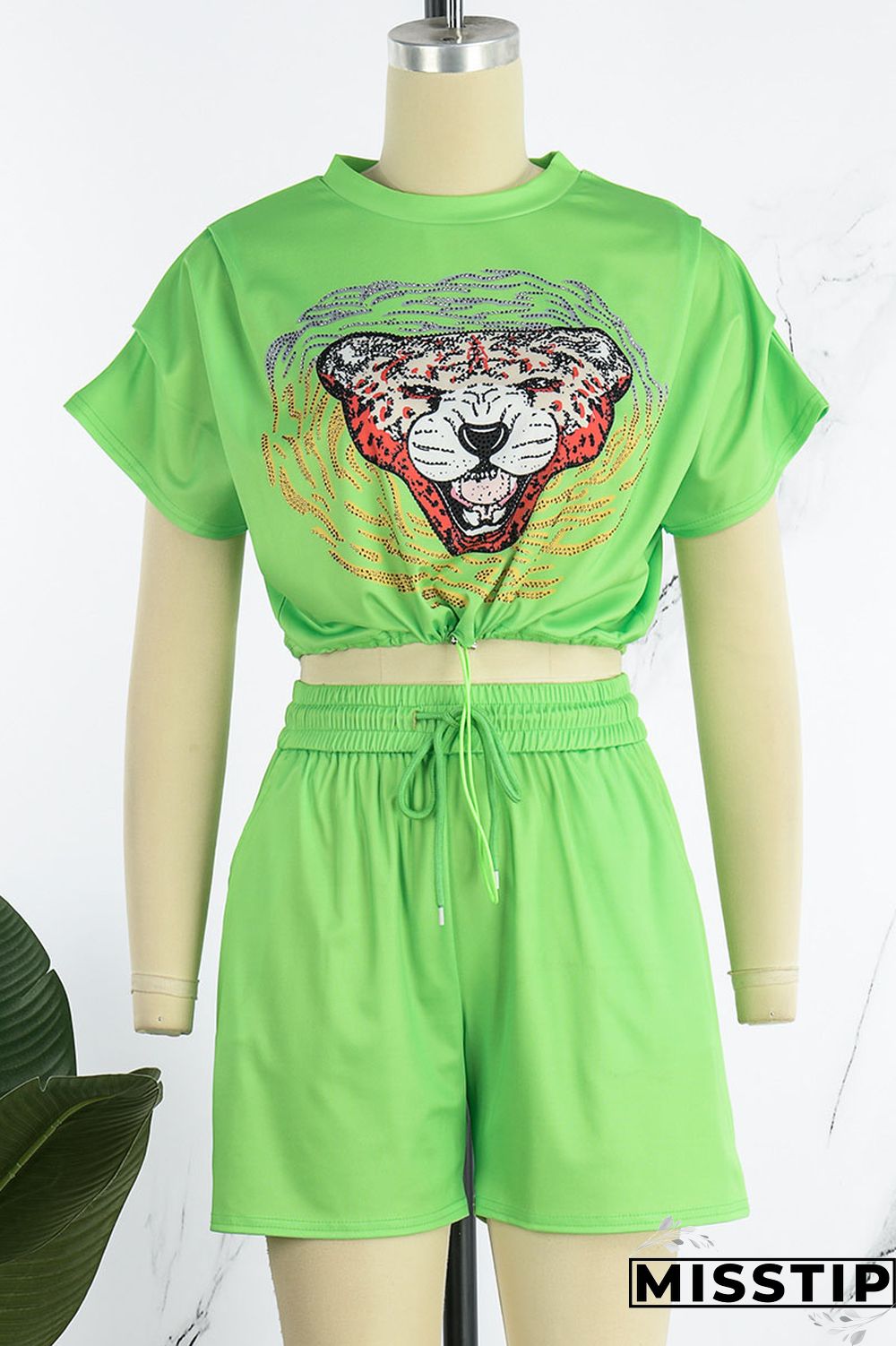 Green Casual Print Patchwork Draw String O Neck Short Sleeve Two Pieces