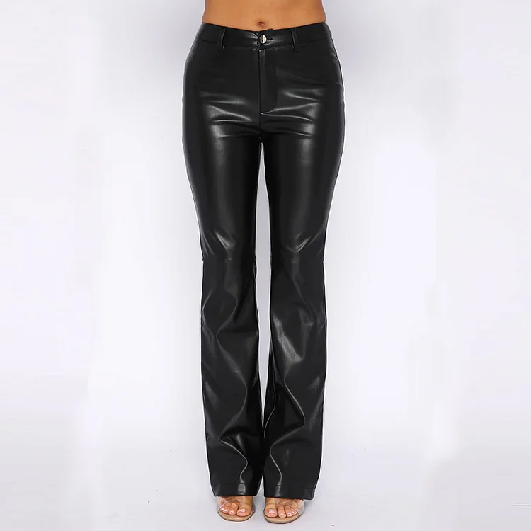 Women's High Waisted PU Leather Straight Black Leather Pant