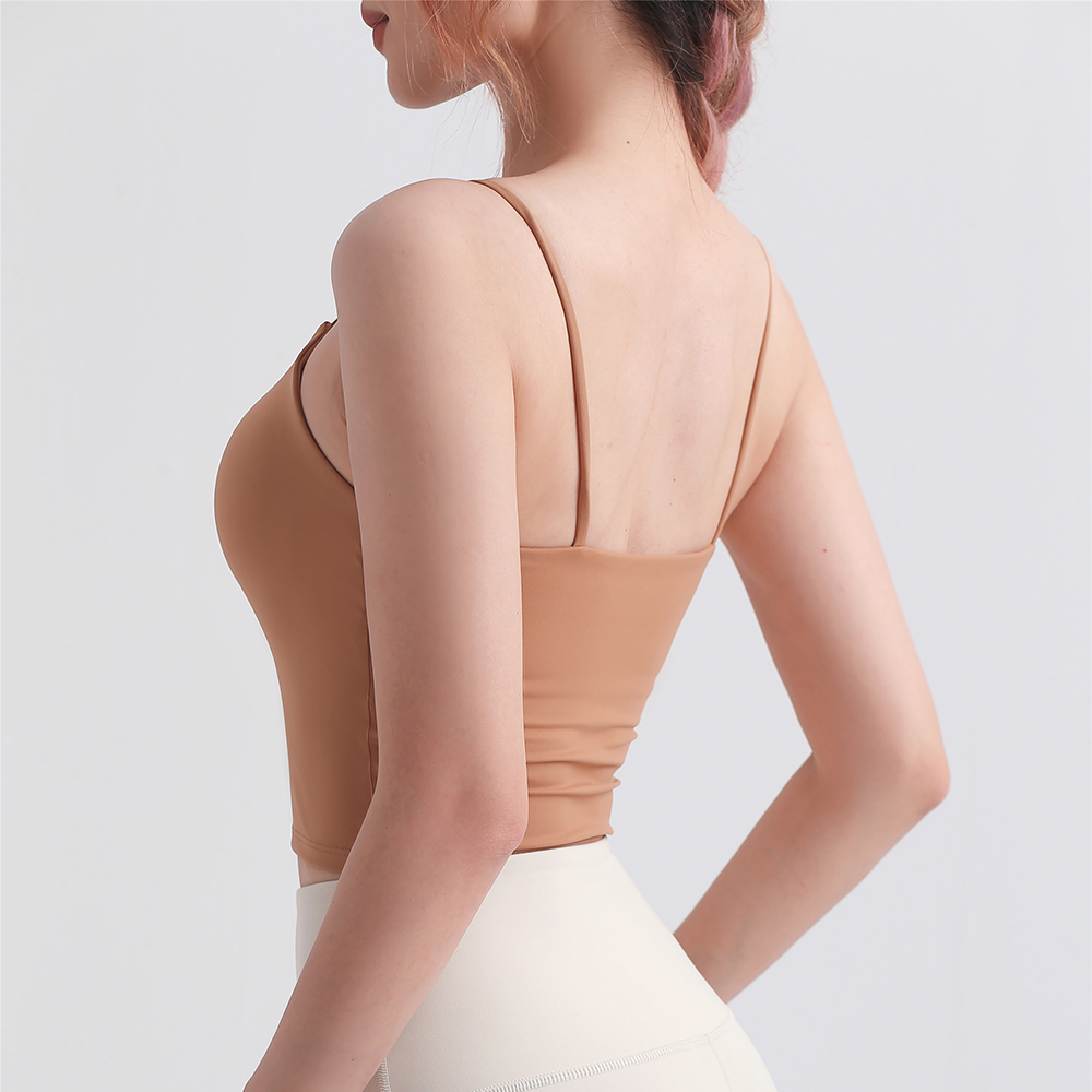 Hergymclothing Camel women 4 way stretch sweat wicking buttery soft high support gym yoga vest slimming tank top with built in bra online shopping
