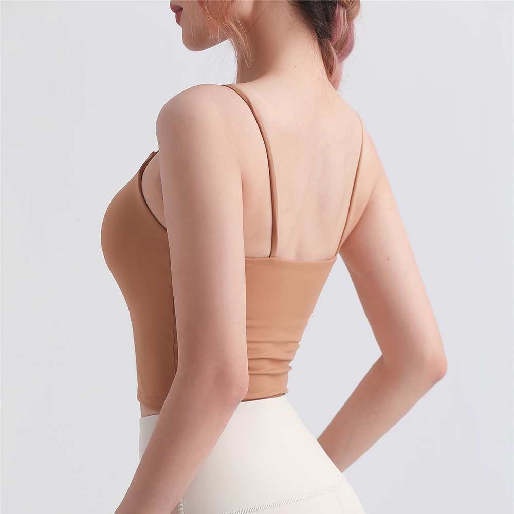 Hergymclothing Camel women 4 way stretch sweat wicking buttery soft high support gym yoga vest slimming tank top with built in bra online shopping