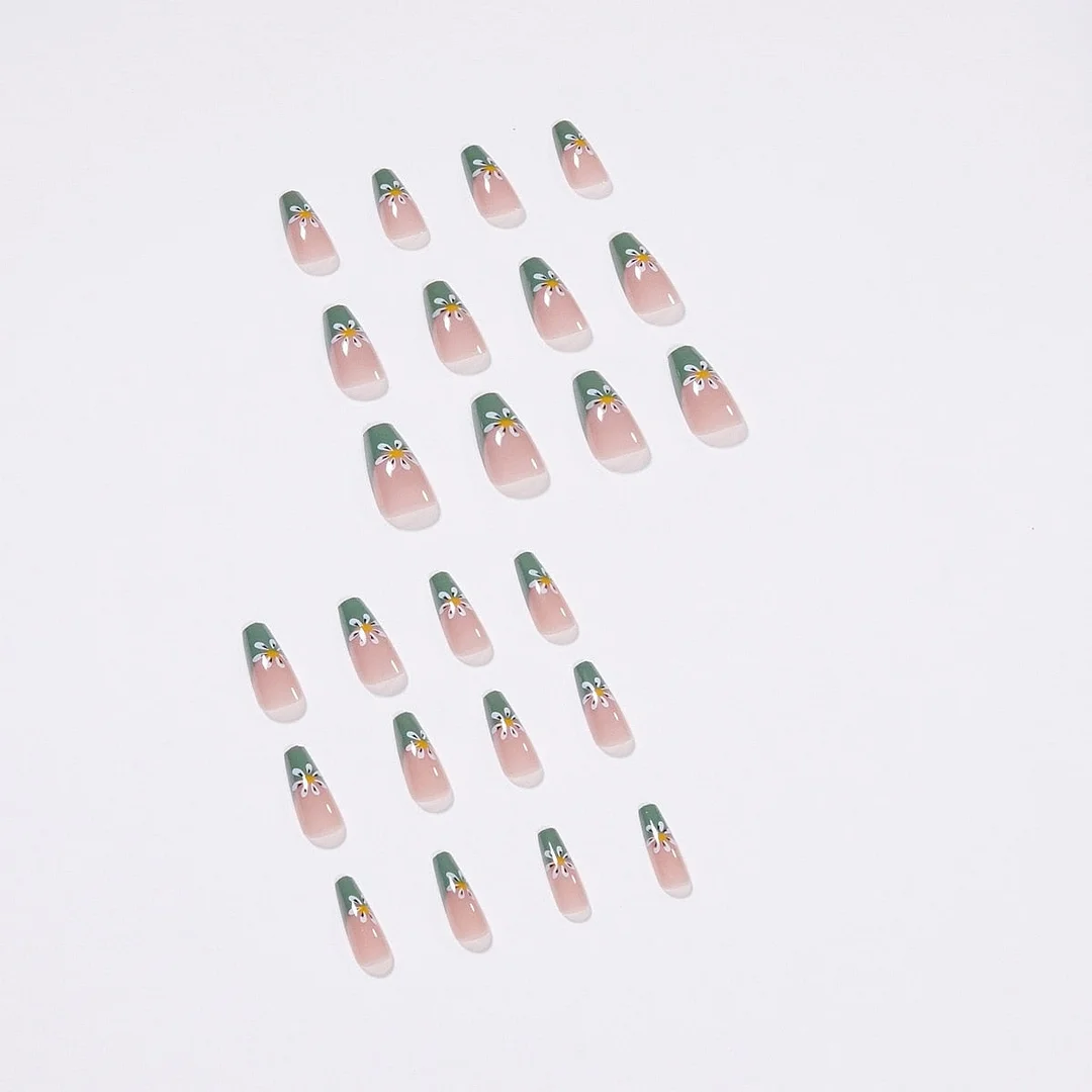 24pcs False Nails with Flower Print Mid-length Coffin Ballet Press on Nails Green Fake Nails Ballerina Women Wearable Manicure-Nail Inspo