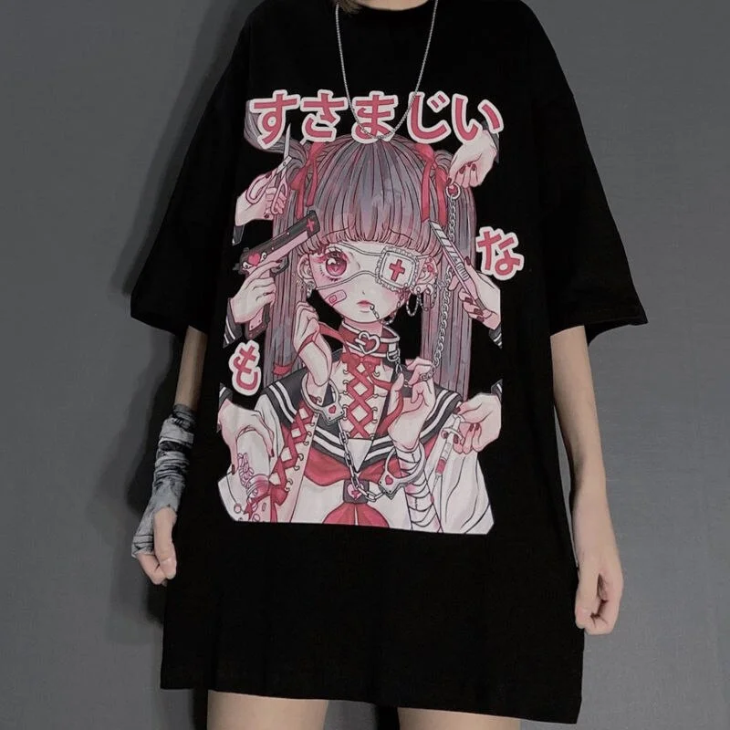 Women's t-shirts korean cotton Black Oversize dropshipping Tops harajuku vintage aesthetic gothic graphic punk clothes clothing