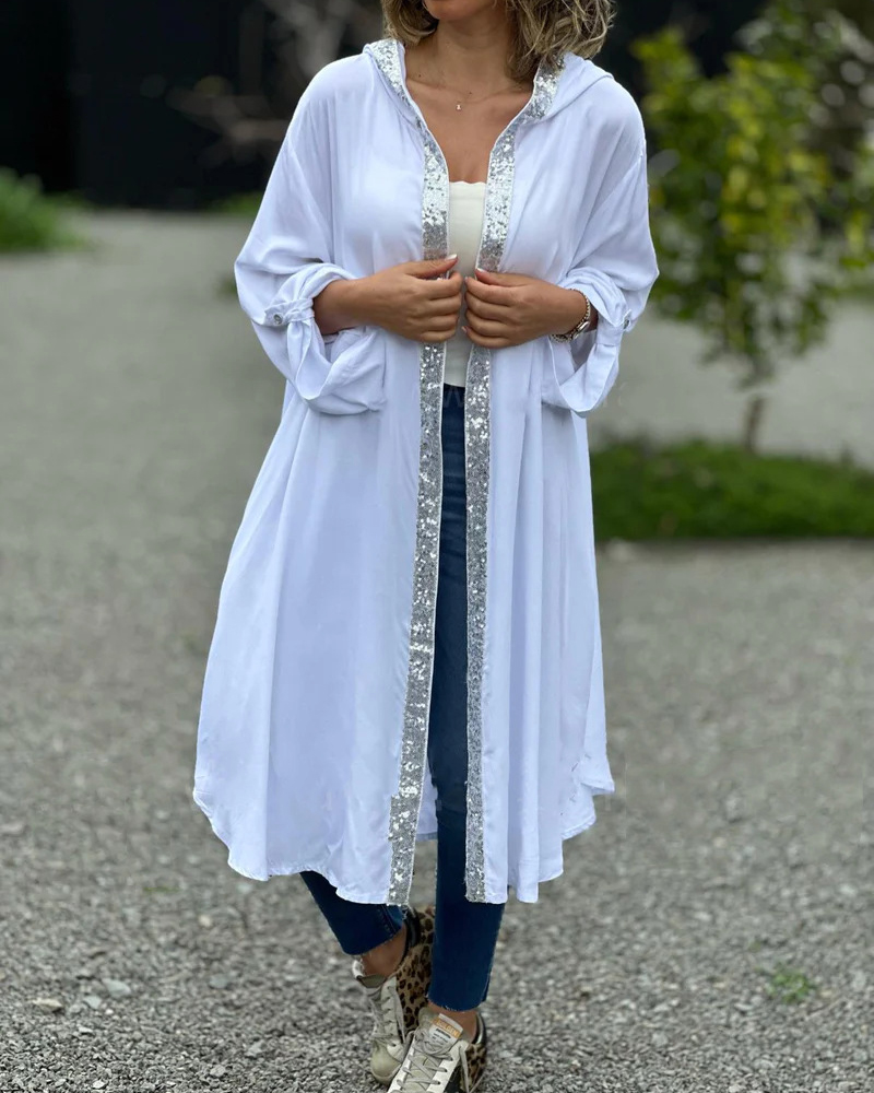 Sequin Trim Bell Shape Long Sleeve Hooded Shirt