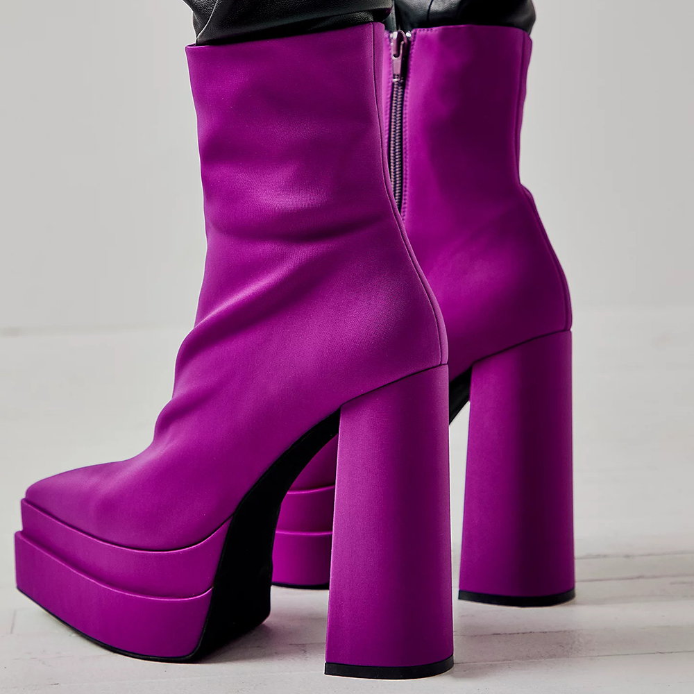 Stylish Purple Satin Pointed Toe Double Platform Heeled Ankle Boots Nicepairs