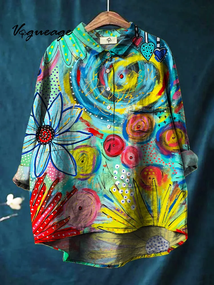 Bright And Colorful Painted Plants Printed Cotton And Linen Shirt