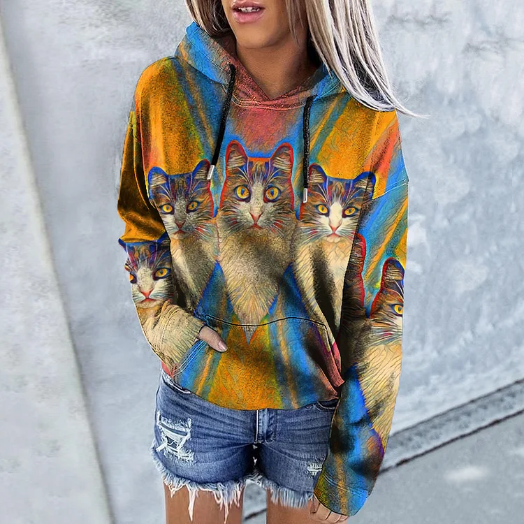 Vefave Casual Cat Abstract Print Hoodie