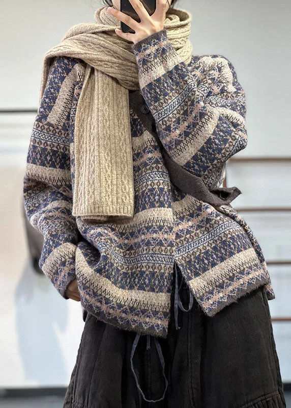 Women Blue Asymmetrical Oversized Print Wool Knit Cardigan Winter