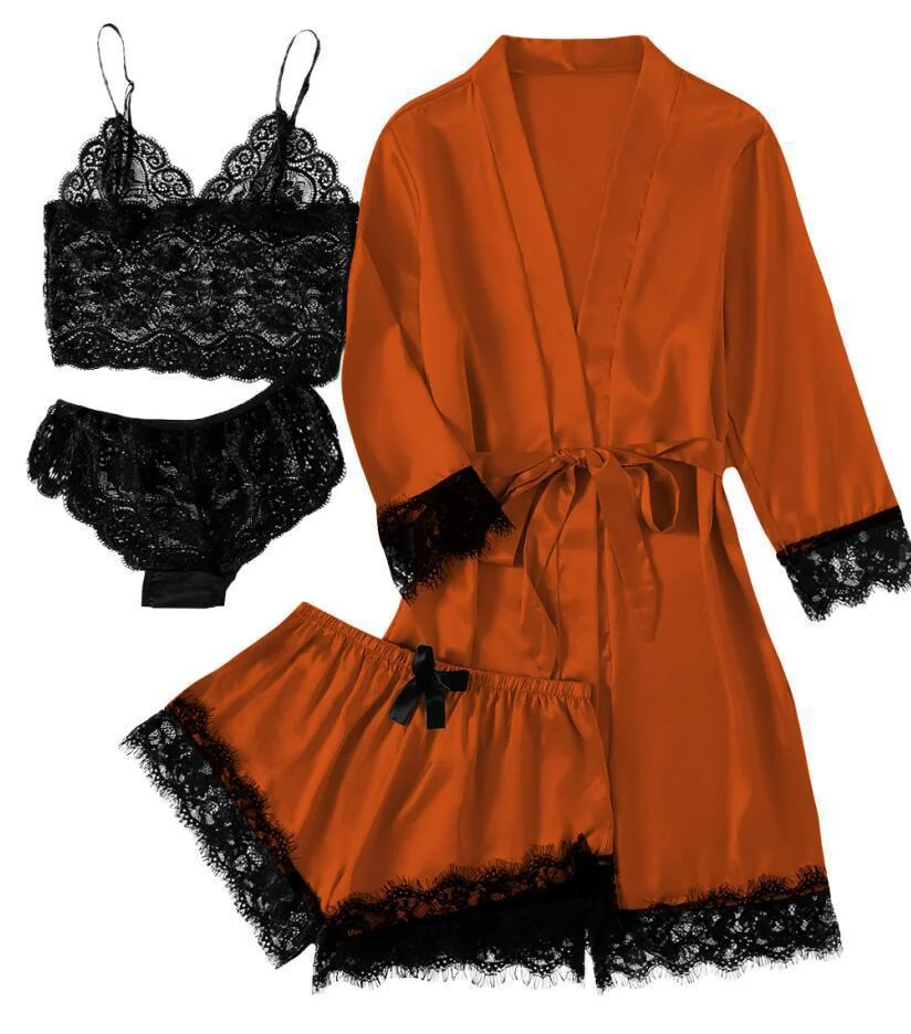 Brownm 2021 New Ladies Pajamas Four-Piece Sexy Sling Skirt Set Home Lace Pajamas Set