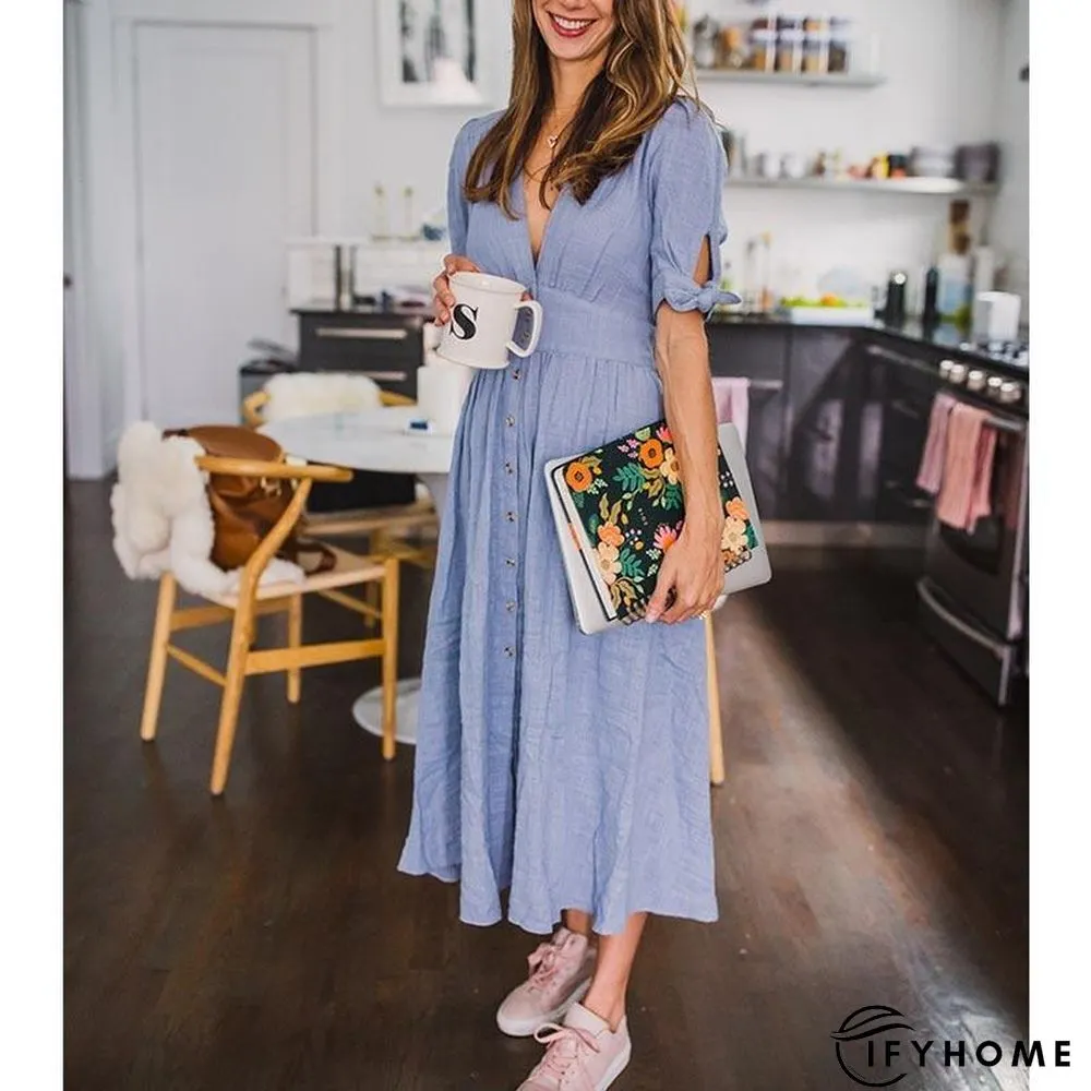 V neck plunge women dress Side slit button up summer dress Fashion bohemian dress midi vestidos mujer | IFYHOME