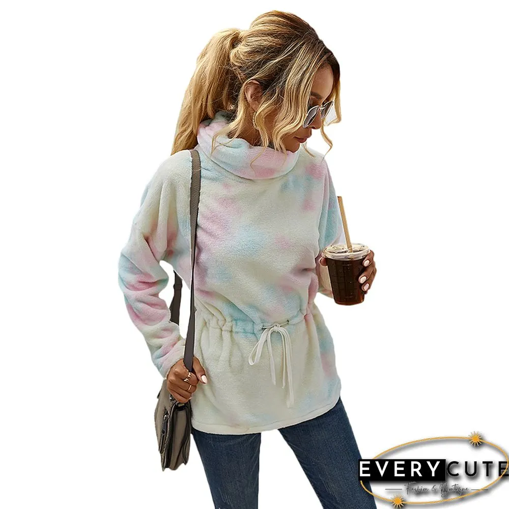Light Pink Cowl Neck Tie Dye Print Hoodie