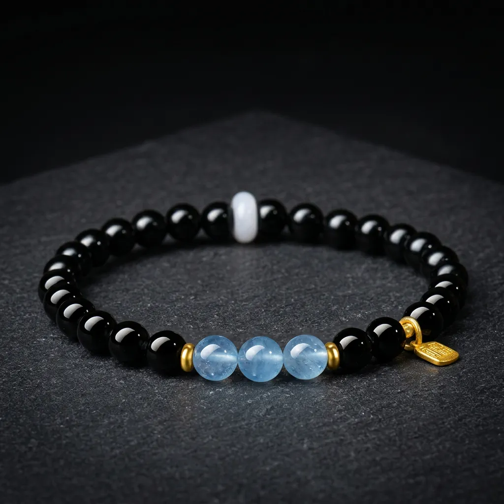 JiStones Celestial Obsidian & Gemstone Harmony Bracelet - 8A Grade Protection & Serenity Serene Aquamarine & Obsidian - Single Strand