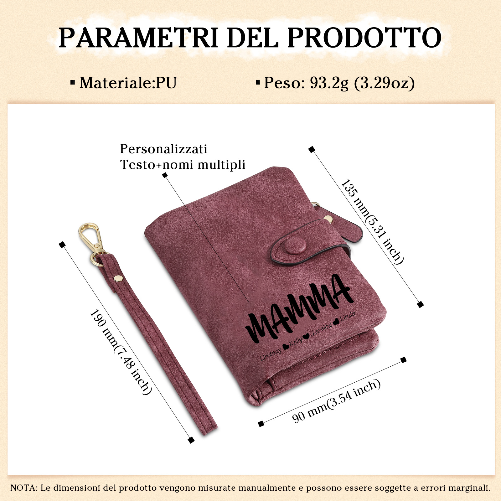 Portafoglio in PU pelle con 4 nomi & 2 testi & 1 foto personalizzati per mamma