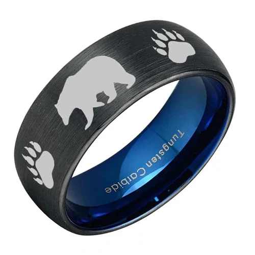 6MM 8MM Women's Or Men's Domed Hunting / Bear Crossing Wedding Rings Black with Bear Walking and Paw Prints Laser Design