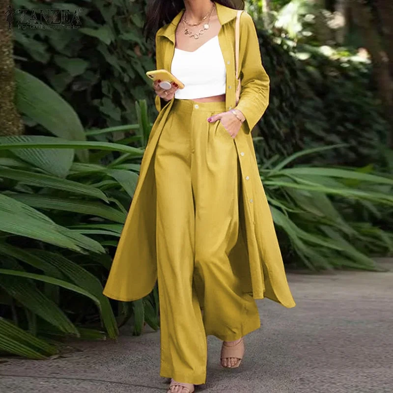 ZANZEA Fashion Long Sleeve Shirt 2PCS Women Suits Autumn Matching Sets Solid Loose Pant Sets Casual Wide Leg Trousers Oversized