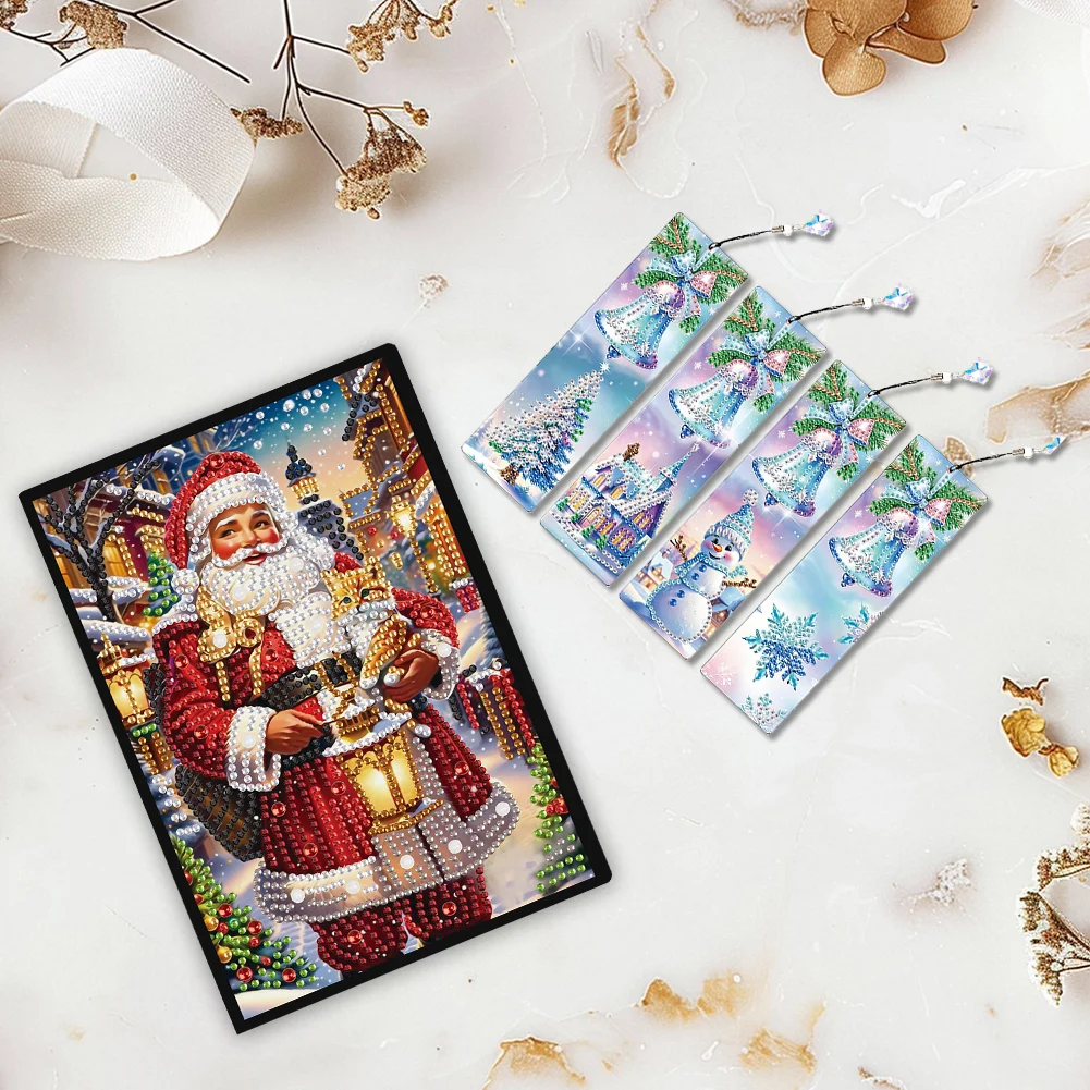 Santa Claus A5 Size Diamond Painting Notebook Set with 4Pcs Bookmark Gift