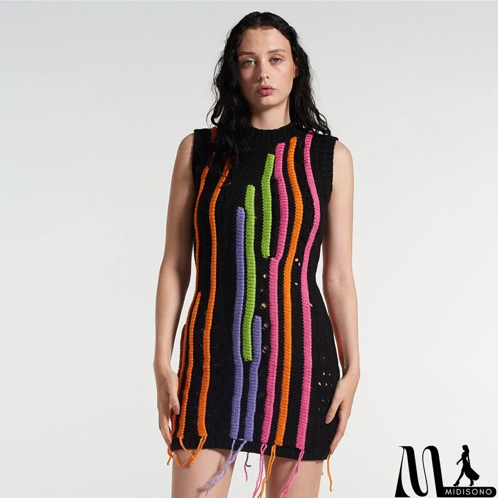 MidiSono - Women's Fashion Tassel Sleeveless Slim Sexy Patchwork Knitting Dress