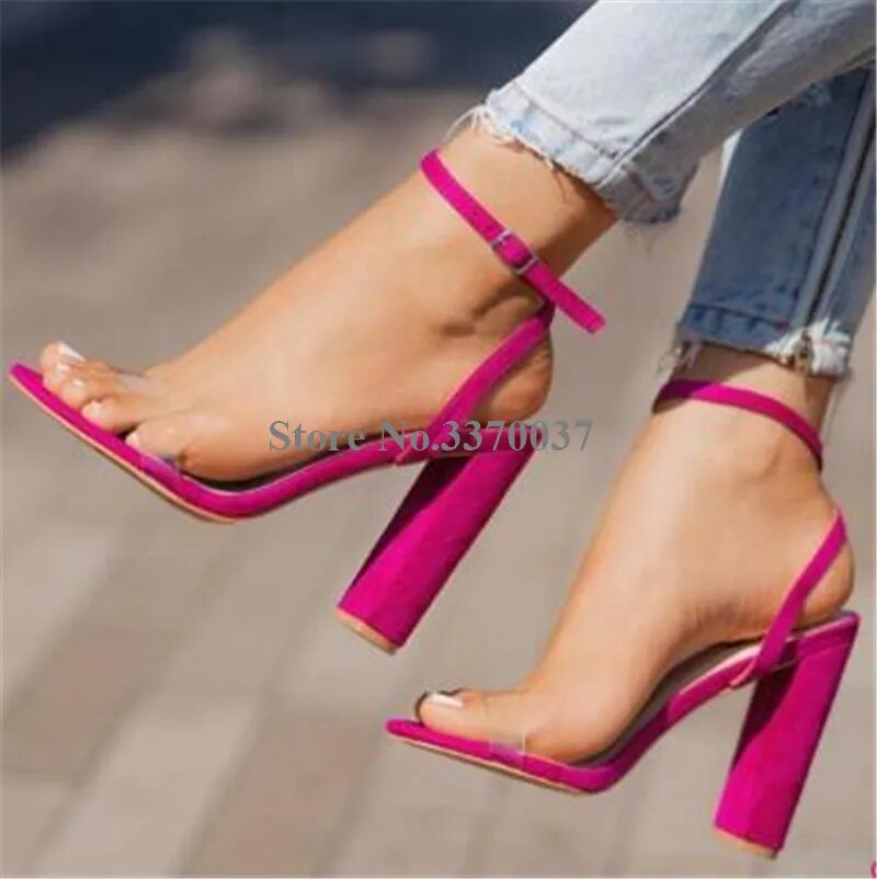 VCSHOES Women Open Toe One PVC Strap Chunky Heel Sandals Rose Red Ankle Strap Buckle Thick High Heel Sandals Dress Heels Shoes