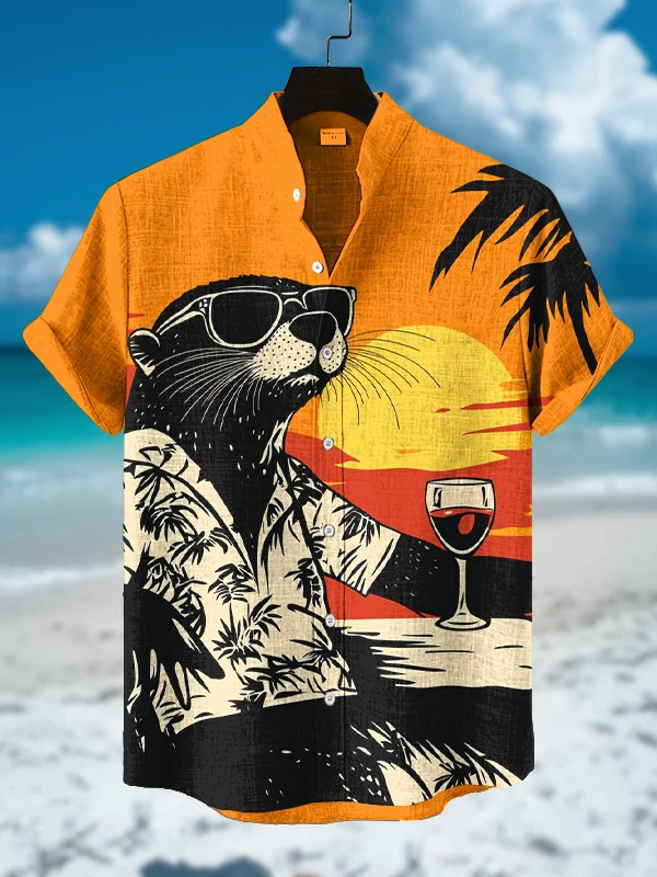 Men's Otter Seaside Vacation Drinking Red Wine Sunset Landscape Art Print Casual Shirt