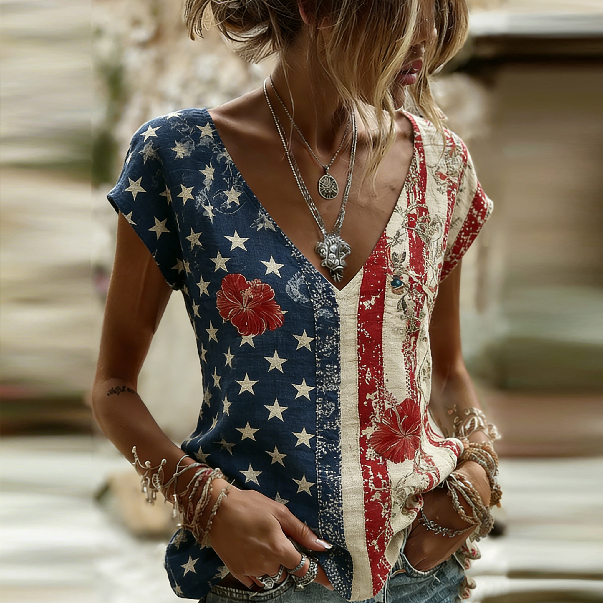  Women's Independence Day Flag & Floral Pattern Casual Short-sleeve T-shirt Westsshops