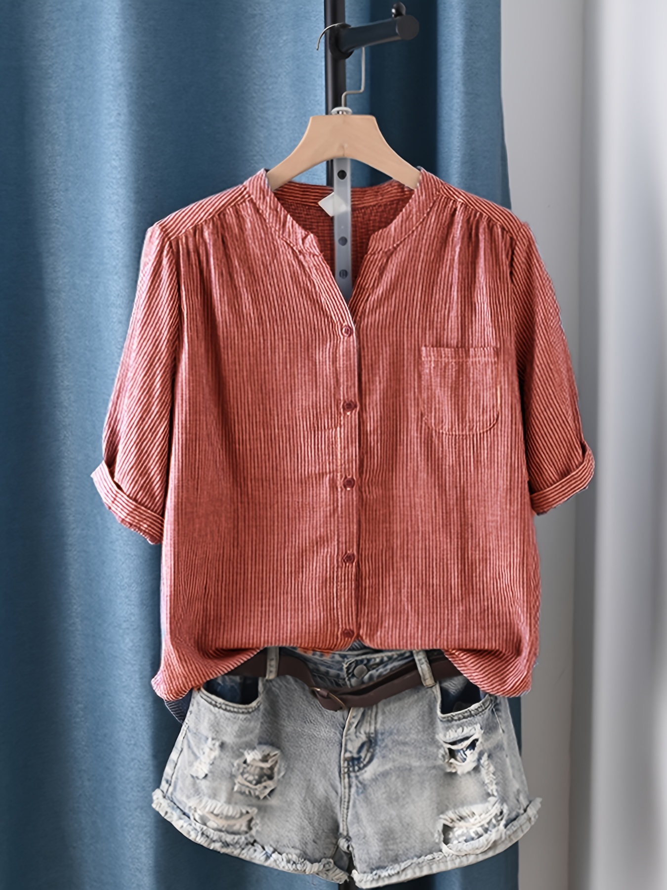 Cotton Women's V-Neck Double-Layered Shirt | Relaxed Fit, Vertical Striped, Five-Point Sleeve, Machine Washable, Breathable, Lightweight, Soft Yarn, Layered Blouse For Summer Casual | IFYHOME