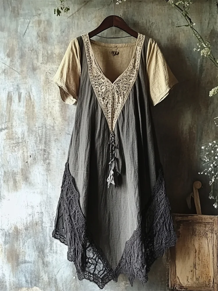 Vintage Lace Patchwork Contrast Linen Dress