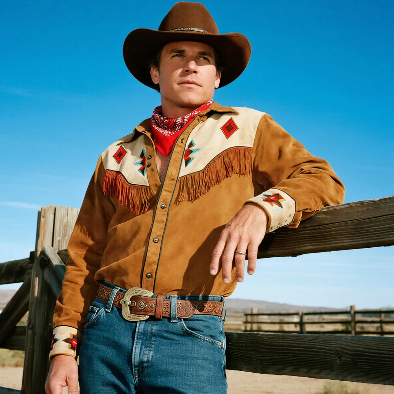 Retro Western Cowboy Style Contrast Color Suede Long Sleeve Top
