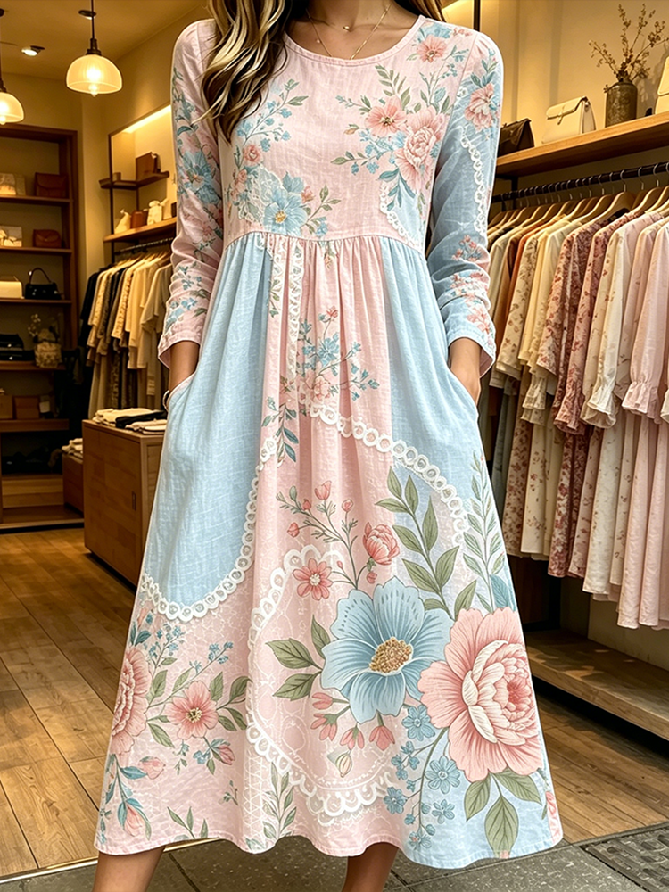 Comstylish Bohemian Style Plant And Flower Pattern Linen Dress
