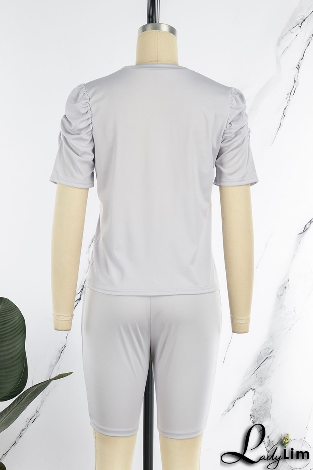 Grey Casual Letter Print Basic O Neck Short Sleeve Two Pieces