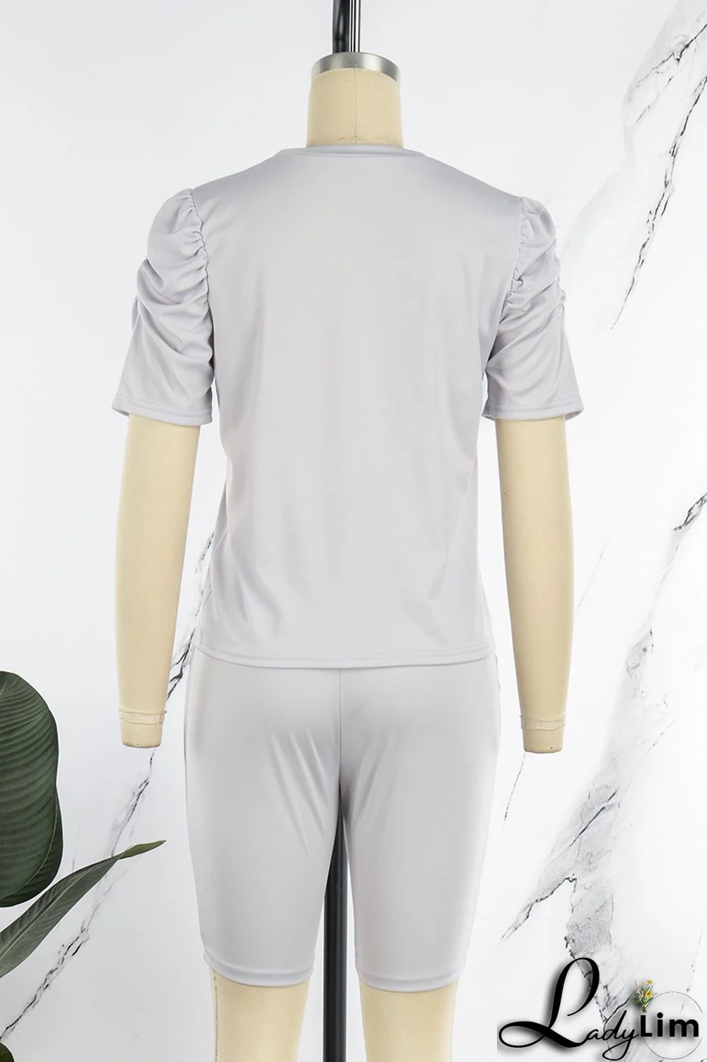 Grey Casual Letter Print Basic O Neck Short Sleeve Two Pieces