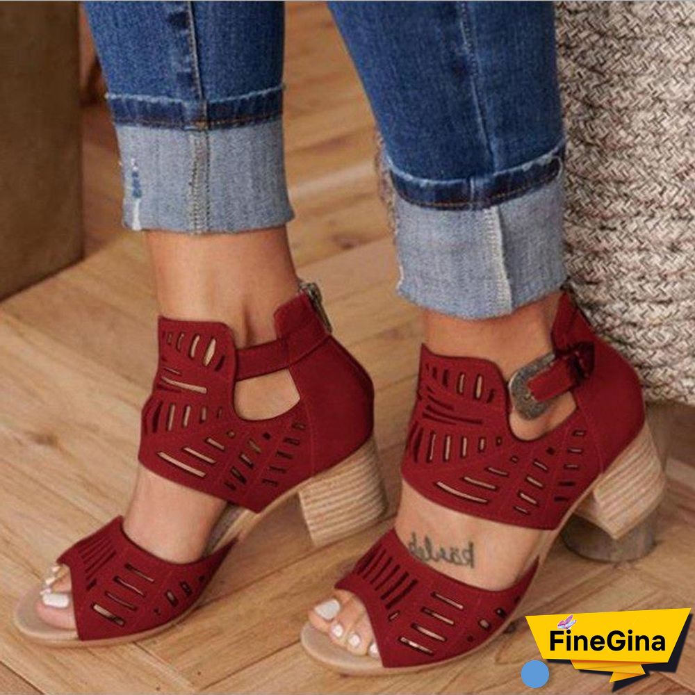 Women' Casual Hollow Out Leather Peep Toe Sandals