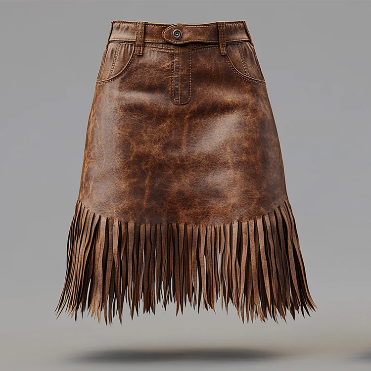 Ursime Vintage PU Leather Fringe Hem Mini Skirt