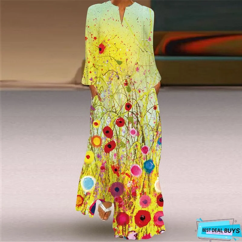 Casual Long Sleeve V Neck Printed Dresses Black Dresses