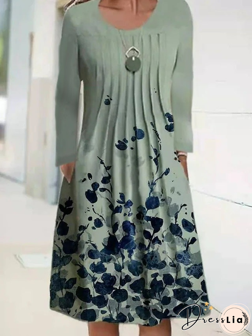 Spring/Summer Floral Print Round Neck Pullover Midi Dress Women's Long Sleeve Vintage Dress