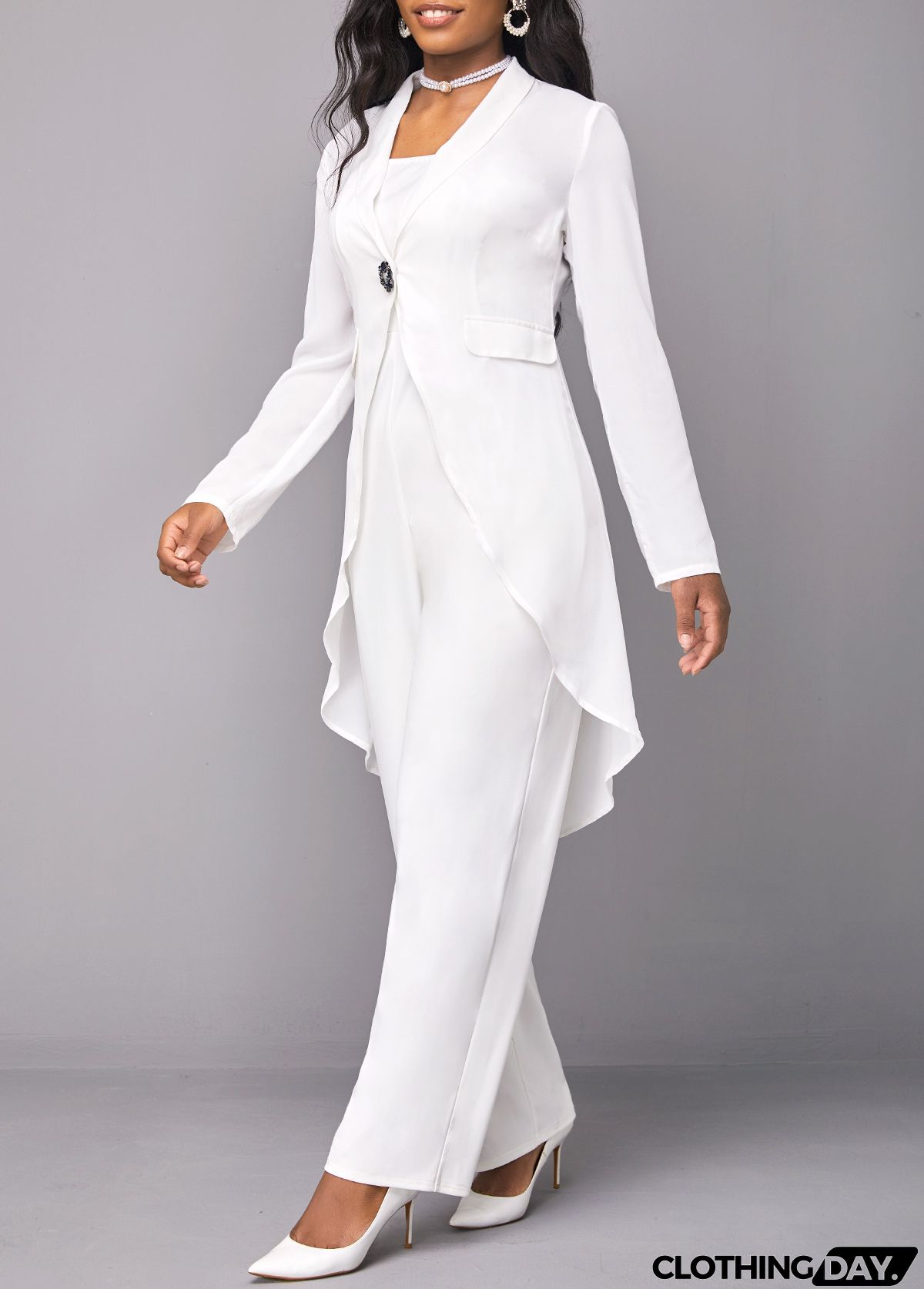 White Button Plus Size Long Sleeve Jumpsuit and Cardigan