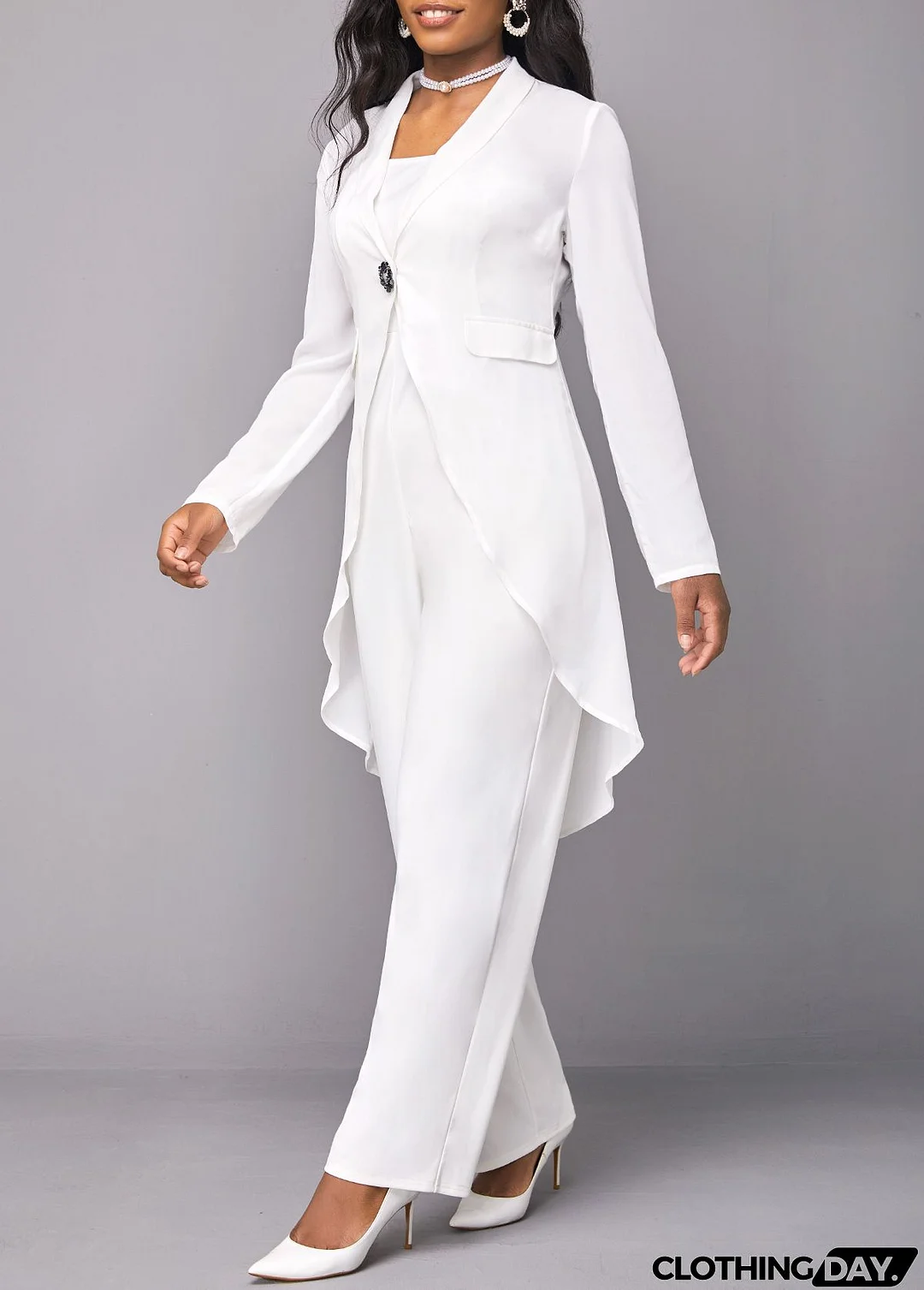 White Button Plus Size Long Sleeve Jumpsuit and Cardigan
