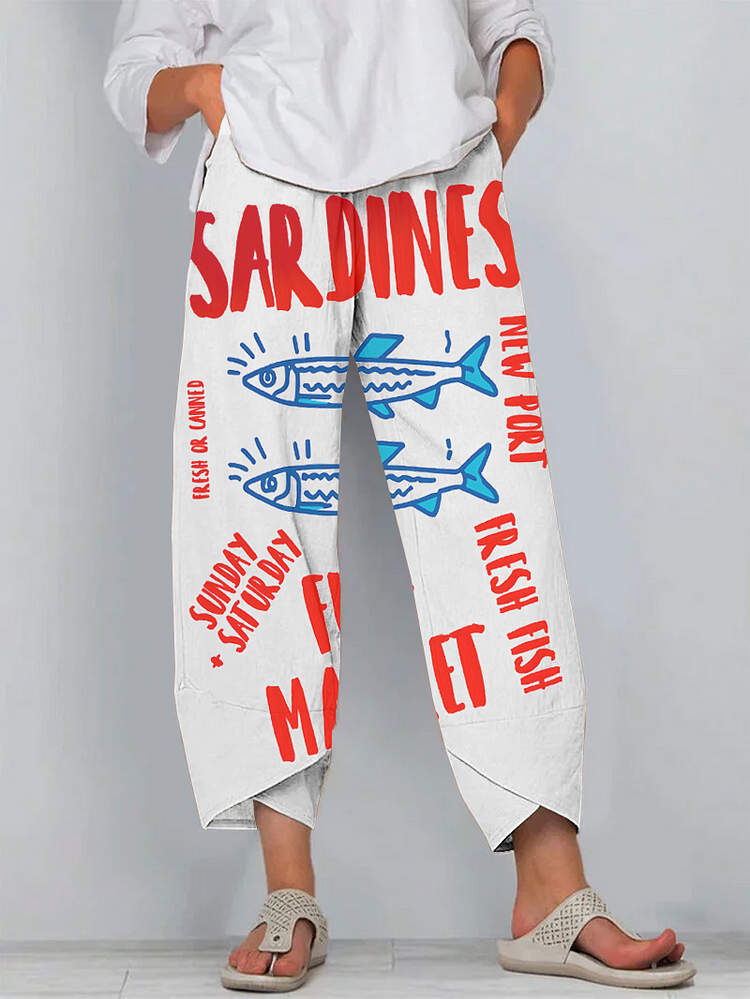 Japanese Fashion Sardines Art Print Cropped Pants