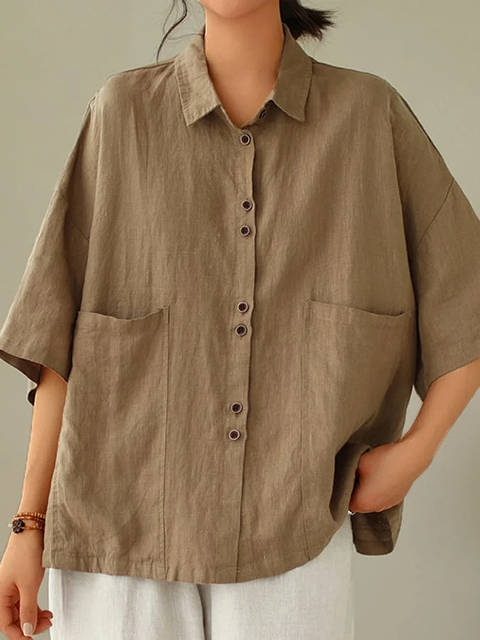Women's Retro Lapel Solid Color Casual Cotton And Linen Shirt