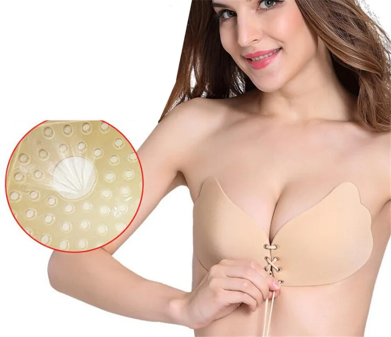Women Silicone Bra Invisible Strapless Brassiere Push Up Stick On Self Adhesive Front Lacing Bra Backless Wire Free Lingerie