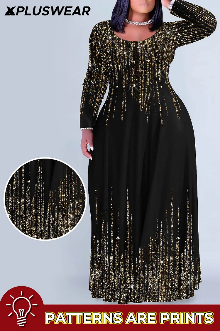 Xpluswear Design Plus Size Christmas Black Gradient Round Neck Long Sleeve Maxi Dresses Xpluswear Design Plus Size Christmas Black Gradient Round Neck Long Sleeve Maxi Dresses